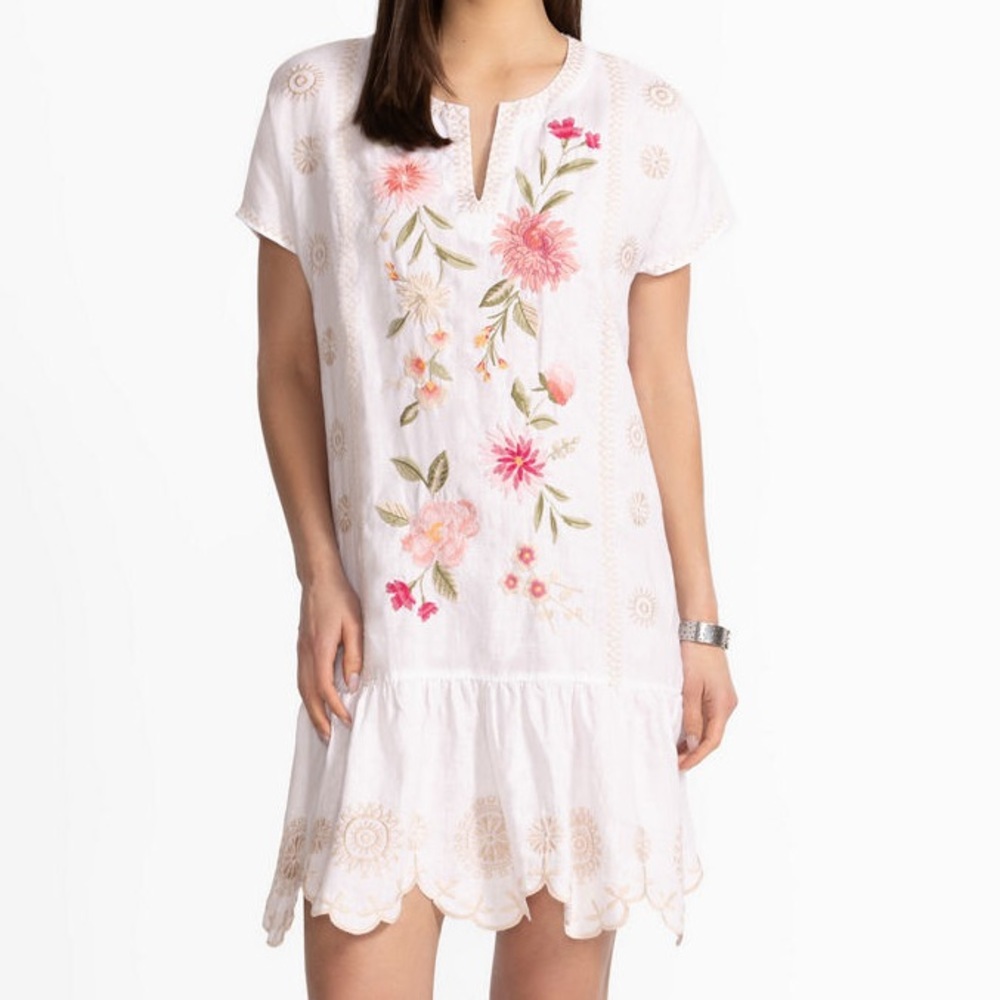 JOHNNY WAS RELAXED LINEN FLOUNCE DRESS SIZE SMALL NWT WHITE